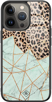 Casimoda iPhone 13 Pro glazen hardcase - Luipaard marmer mint Bruin/beige, Blauw