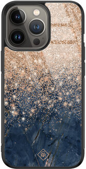 Casimoda iPhone 13 Pro glazen hardcase - Marmer blauw rosegoud Rosekleurig