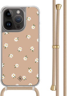 Casimoda iPhone 13 Pro hoesje met beige koord - Sweet daisies Bruin/beige