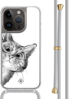 Casimoda iPhone 13 Pro hoesje met grijs koord - Peekaboo kat Grijs/zilverkleurig
