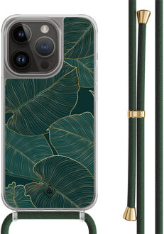 Casimoda iPhone 13 Pro hoesje met groen koord - Monstera leaves Zwart, Goudkleurig