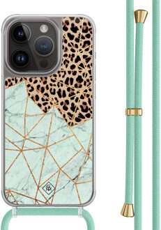 Casimoda iPhone 13 Pro hoesje met mint koord - Luipaard marmer mint