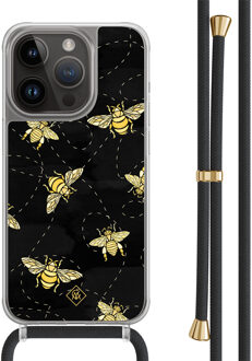 Casimoda iPhone 13 Pro hoesje met zwart koord - Bee happy Zwart, Goudkleurig
