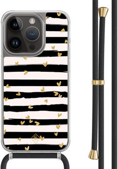 Casimoda iPhone 13 Pro hoesje met zwart koord - Hart streepjes Zwart, Goudkleurig