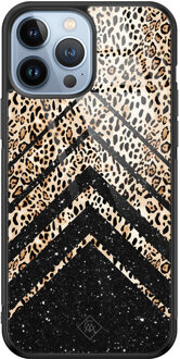 Casimoda iPhone 13 Pro Max glazen hardcase - Chevron luipaard Zwart, Bruin/beige