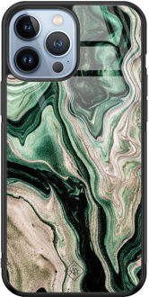Casimoda iPhone 13 Pro Max glazen hardcase - Green waves Groen