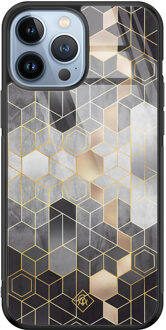 Casimoda iPhone 13 Pro Max glazen hardcase - Grey cubes Grijs/zilverkleurig