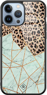 Casimoda iPhone 13 Pro Max glazen hardcase - Luipaard marmer mint Bruin/beige, Blauw