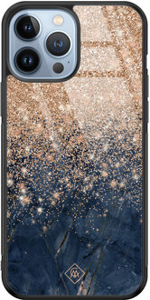 Casimoda iPhone 13 Pro Max glazen hardcase - Marmer blauw rosegoud Rosekleurig