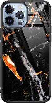 Casimoda iPhone 13 Pro Max glazen hardcase - Marmer zwart oranje
