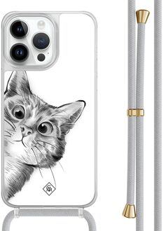 Casimoda iPhone 13 Pro Max hoesje met grijs koord - Peekaboo kat Grijs/zilverkleurig