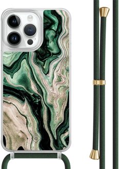 Casimoda iPhone 13 Pro Max hoesje met groen koord - Green waves Zwart