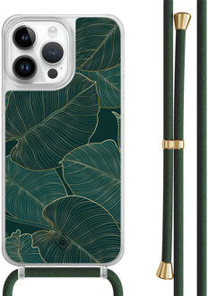 Casimoda iPhone 13 Pro Max hoesje met groen koord - Monstera leaves Zwart, Goudkleurig