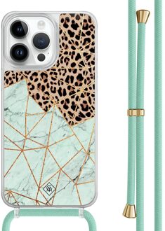 Casimoda iPhone 13 Pro Max hoesje met mint koord - Luipaard marmer mint