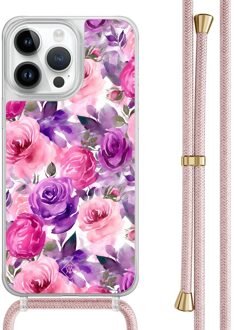 Casimoda iPhone 13 Pro Max hoesje met rosegoud koord - Rosy blooms Paars