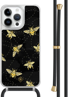 Casimoda iPhone 13 Pro Max hoesje met zwart koord - Bee happy Zwart, Goudkleurig