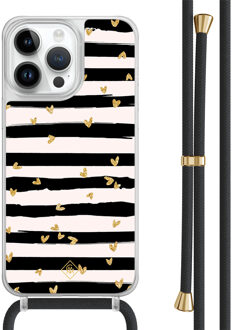 Casimoda iPhone 13 Pro Max hoesje met zwart koord - Hart streepjes Zwart, Goudkleurig