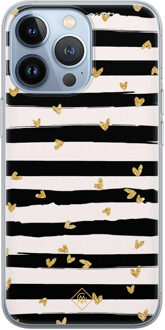 Casimoda iPhone 13 Pro siliconen hoesje - Hart streepjes Zwart, Goudkleurig