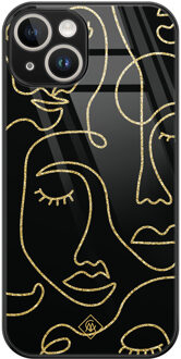 Casimoda iPhone 14 glazen hardcase - Abstract faces Zwart, Goudkleurig