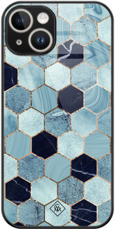 Casimoda iPhone 14 glazen hardcase - Blue cubes Blauw