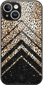 Casimoda iPhone 14 glazen hardcase - Chevron luipaard Zwart, Bruin/beige