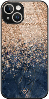 Casimoda iPhone 14 glazen hardcase - Marmer blauw rosegoud Rosekleurig
