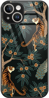 Casimoda iPhone 14 glazen hardcase - Tijger jungle Bruin/beige