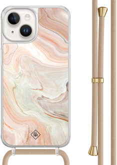 Casimoda iPhone 14 hoesje met beige koord - Marmer waves Bruin/beige