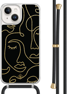 Casimoda iPhone 14 hoesje met zwart koord - Abstract faces Zwart, Goudkleurig