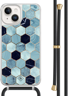Casimoda iPhone 14 hoesje met zwart koord - Blue cubes Blauw