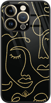 Casimoda iPhone 14 Pro glazen hardcase - Abstract faces Zwart, Goudkleurig
