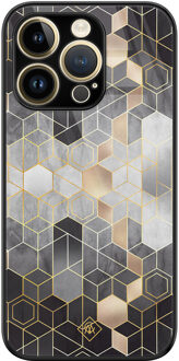 Casimoda iPhone 14 Pro glazen hardcase - Grey cubes Grijs/zilverkleurig