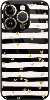 Casimoda iPhone 14 Pro glazen hardcase - Hart streepjes Zwart, Goudkleurig