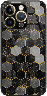 Casimoda iPhone 14 Pro glazen hardcase - Hexagons zwart