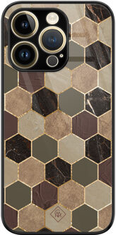 Casimoda iPhone 14 Pro glazen hardcase - Kubus bruin groen Bruin/beige, Groen