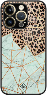 Casimoda iPhone 14 Pro glazen hardcase - Luipaard marmer mint Bruin/beige, Blauw