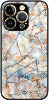 Casimoda iPhone 14 Pro glazen hardcase - Marmer bruin blauw Bruin/beige, Blauw