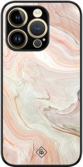 Casimoda iPhone 14 Pro glazen hardcase - Marmer waves Bruin/beige