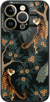 Casimoda iPhone 14 Pro glazen hardcase - Tijger jungle Bruin/beige