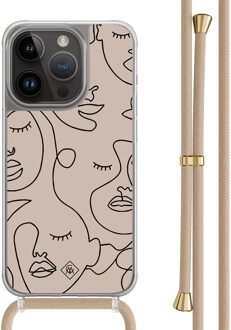 Casimoda iPhone 14 Pro hoesje met beige koord - Abstract faces Bruin/beige