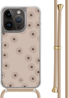 Casimoda iPhone 14 Pro hoesje met beige koord - Cute flowers Zwart