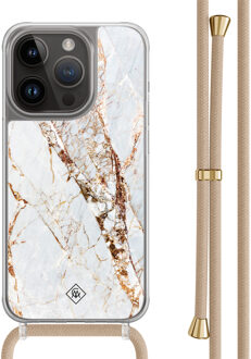 Casimoda iPhone 14 Pro hoesje met beige koord - Marmer goud Bruin/beige