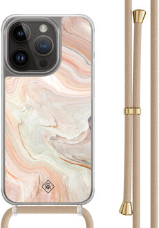 Casimoda iPhone 14 Pro hoesje met beige koord - Marmer waves Bruin/beige