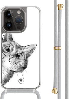 Casimoda iPhone 14 Pro hoesje met grijs koord - Peekaboo kat Grijs/zilverkleurig
