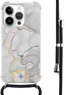 Casimoda iPhone 14 Pro hoesje met koord - Marmer grijs Grijs/zilverkleurig