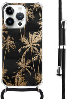 Casimoda iPhone 14 Pro hoesje met koord - Palmbomen Zwart, Goudkleurig