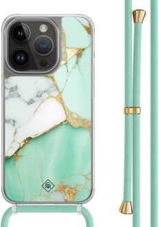 Casimoda iPhone 14 Pro hoesje met mint koord - Marmer mintgroen