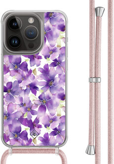 Casimoda iPhone 14 Pro hoesje met rosegoud koord - Floral violet Paars
