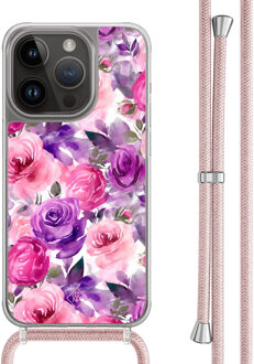 Casimoda iPhone 14 Pro hoesje met rosegoud koord - Rosy blooms Paars