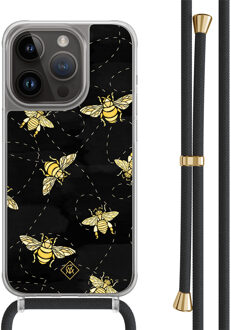 Casimoda iPhone 14 Pro hoesje met zwart koord - Bee happy Zwart, Goudkleurig